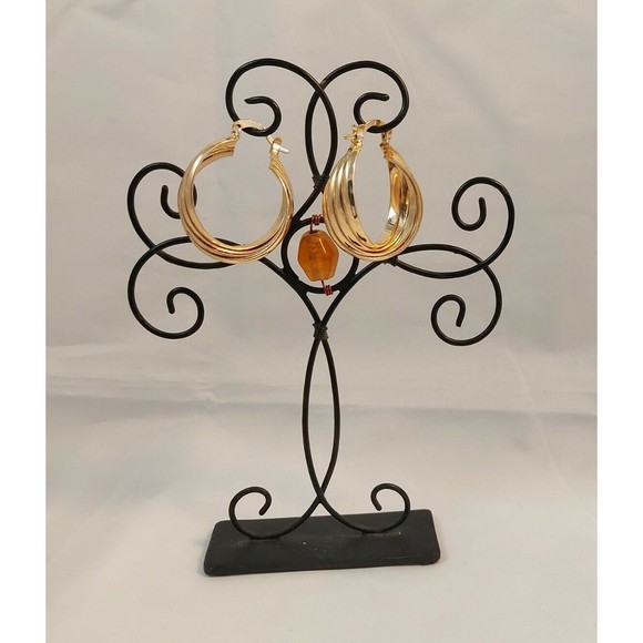 Gold Tone 1/5" wide High Polished Round Hoop Earrings twisted 1.25" long - Picture 2 of 9